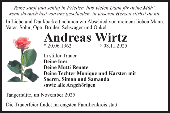 Traueranzeige von Andreas Wirtz von Volksstimme Altmark Ost