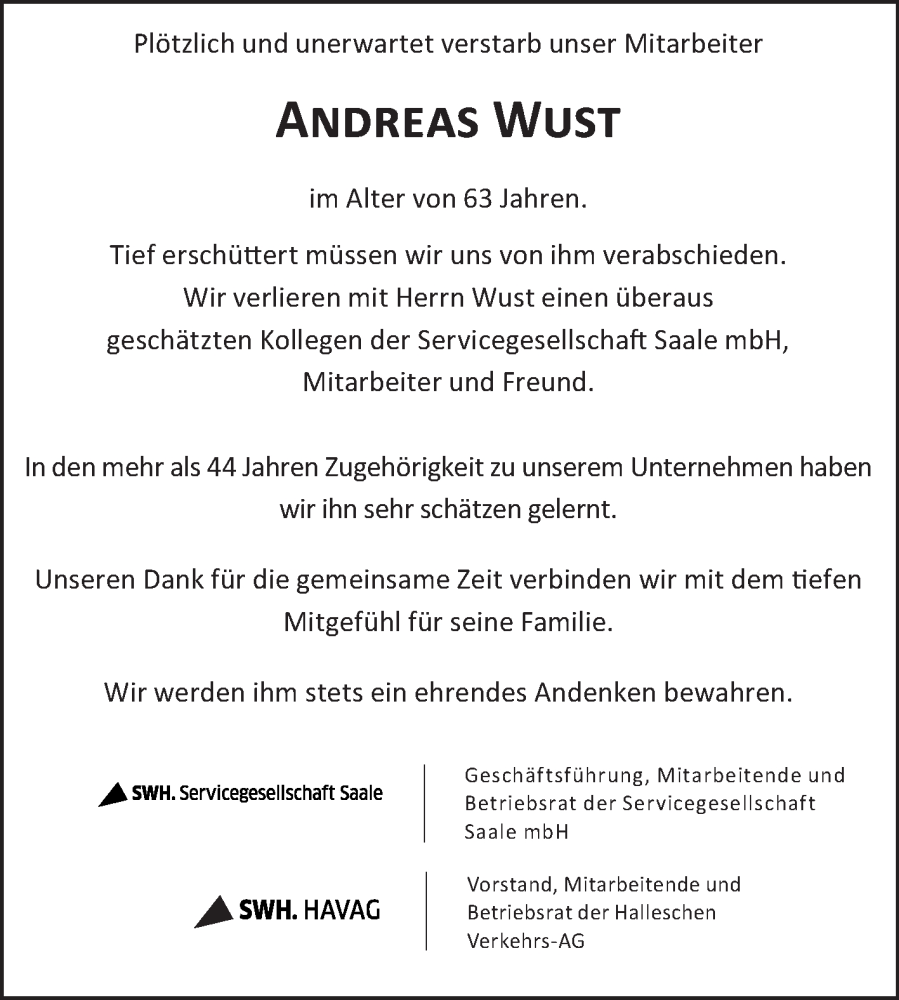  Traueranzeige für Andreas Wust vom 15.11.2025 aus Mitteldeutsche Zeitung Halle/Saalkreis