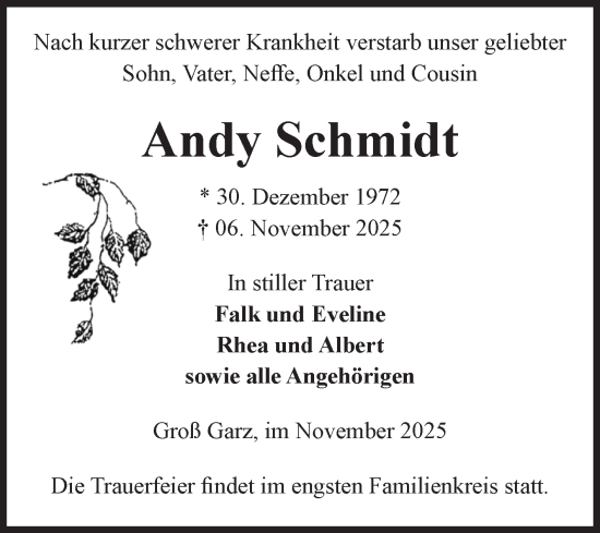 Traueranzeige von Andy Schmidt von Volksstimme Altmark Ost