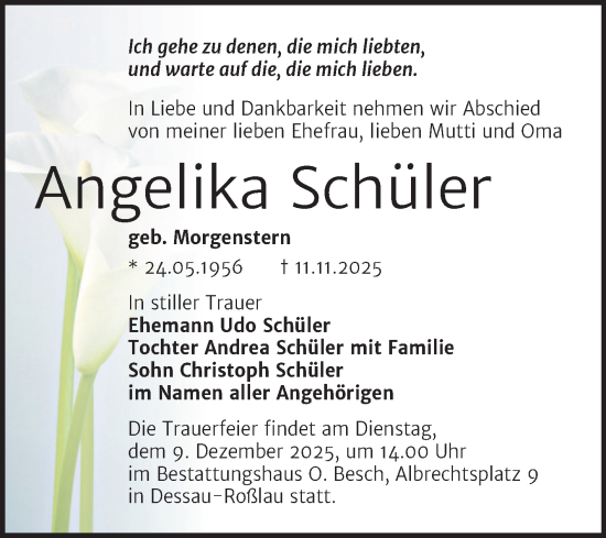 Traueranzeige von Angelika Schüler von Trauerkombi Dessau