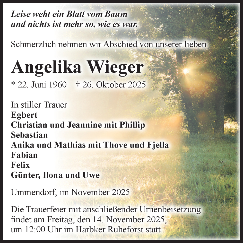  Traueranzeige für Angelika Wieger vom 08.11.2025 aus Volksstimme Oschersleben/Wanzleben