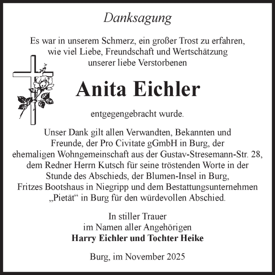 Traueranzeige von Anita Eichler von Volksstimme Burg/Genthin