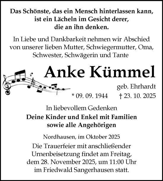 Traueranzeige von Anke Kümmel von Trauerkombi Sangerhausen