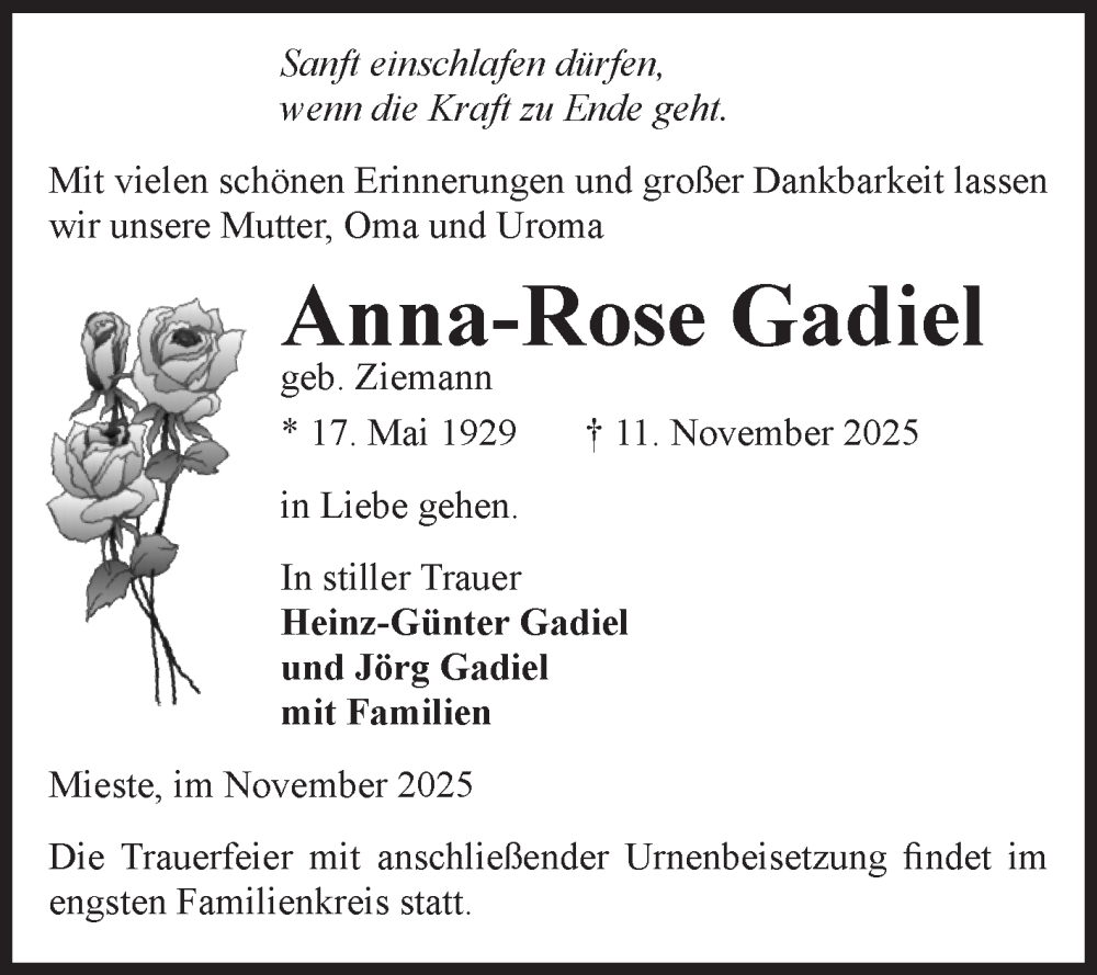  Traueranzeige für Anna-Rose Gadiel vom 15.11.2025 aus Volksstimme Altmark West