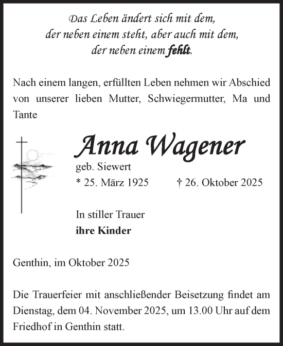 Traueranzeige von Anna Wagener von Volksstimme Burg/Genthin