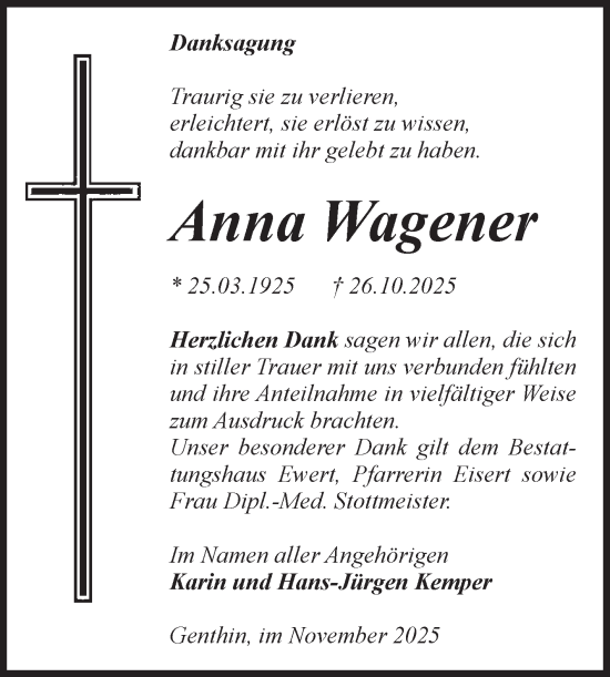 Traueranzeige von Anna Wagener von Volksstimme Burg/Genthin