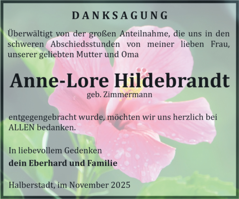  Traueranzeige für Anne-Lore Hildebrandt vom 15.11.2025 aus Volksstimme Halberstadt