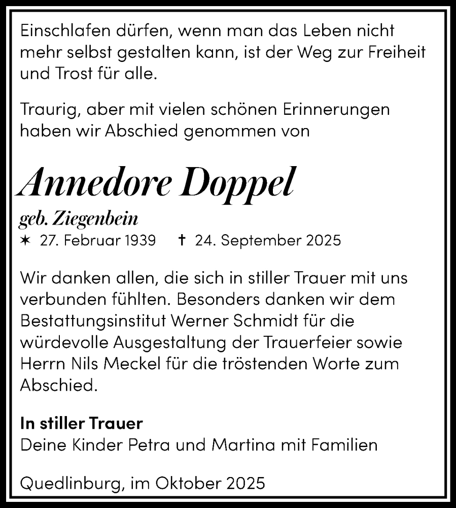  Traueranzeige für Annedore Doppel vom 01.11.2025 aus Trauerkombi Quedlinburg