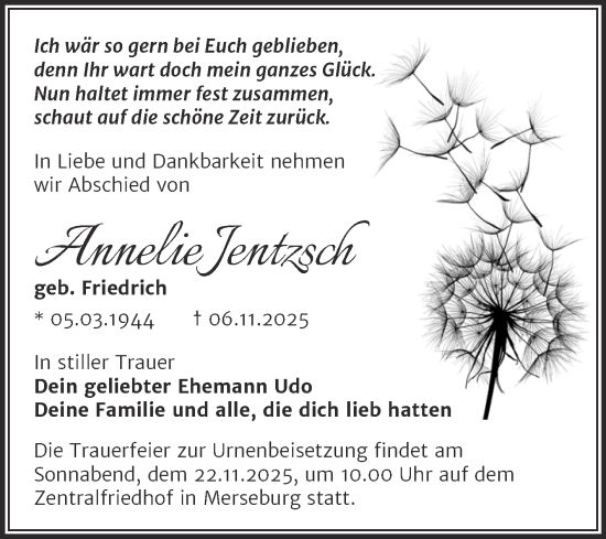 Traueranzeige von Annelie Jentzsch von Trauerkombi Merseburg