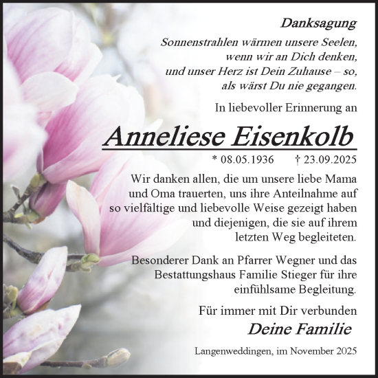 Traueranzeige von Anneliese Eisenkolb von Volksstimme Oschersleben/Wanzleben