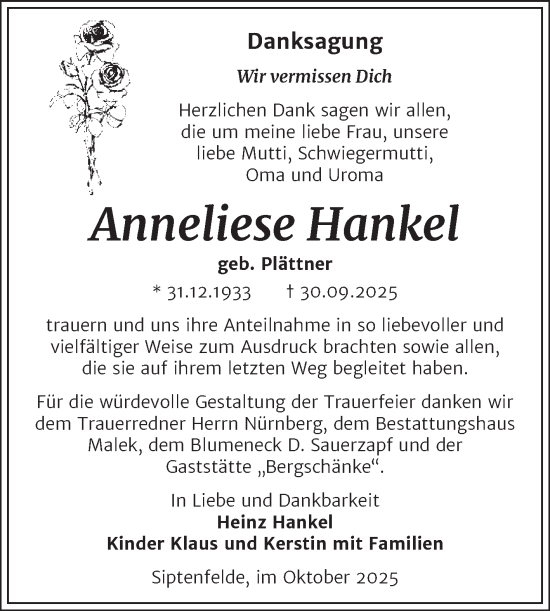 Traueranzeige von Anneliese Hankel von Trauerkombi Quedlinburg