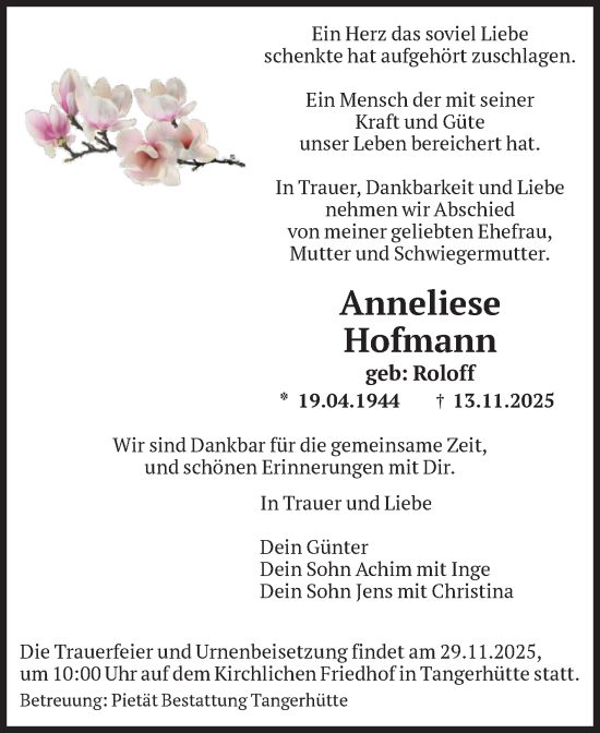Traueranzeige von Anneliese Hofmann von Volksstimme Altmark Ost