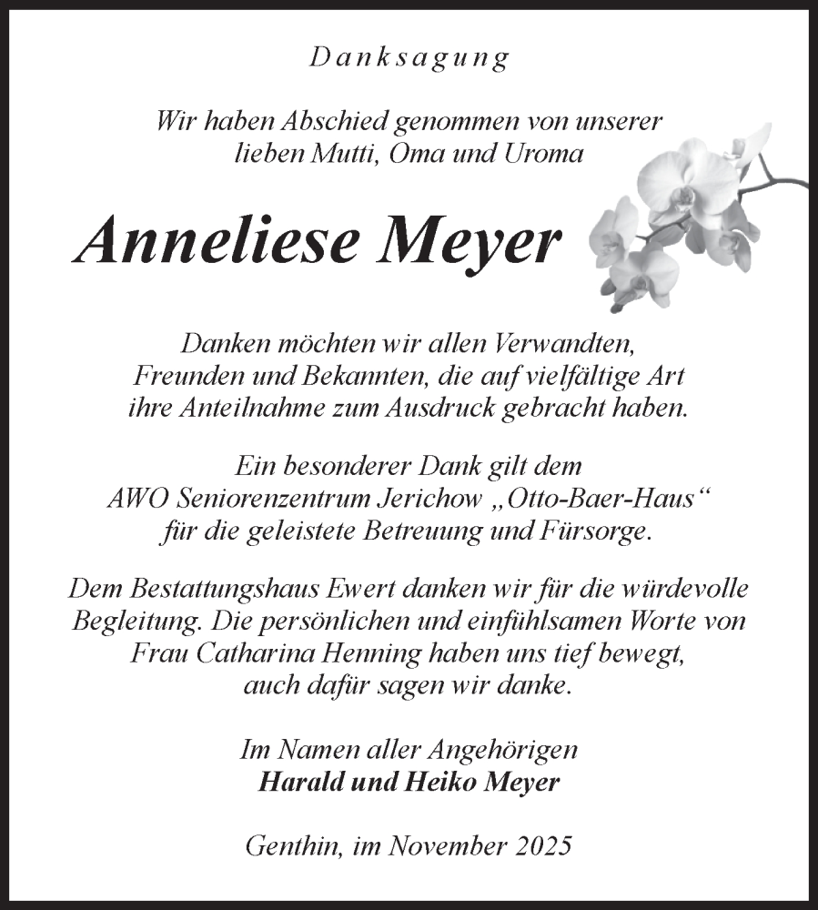 Traueranzeige für Anneliese Meyer vom 15.11.2025 aus Volksstimme Burg/Genthin