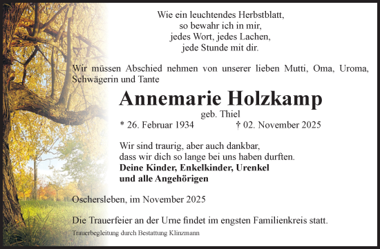 Traueranzeige von Annemarie Holzkamp von Volksstimme Oschersleben/Wanzleben