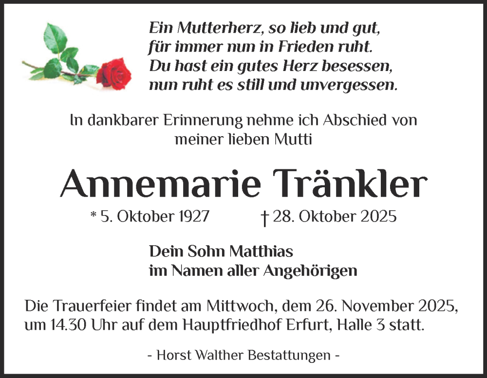  Traueranzeige für Annemarie Tränkler vom 15.11.2025 aus Naumburger Tageblatt