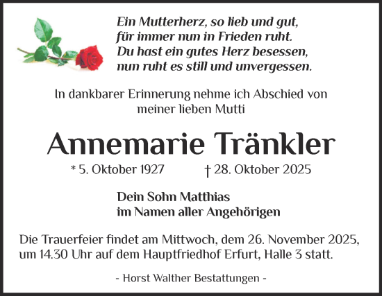 Traueranzeige von Annemarie Tränkler von Naumburger Tageblatt