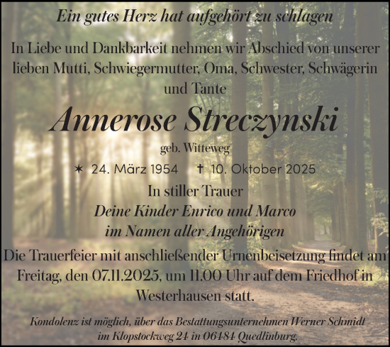 Traueranzeige von Annerose Streczynski von Trauerkombi Quedlinburg