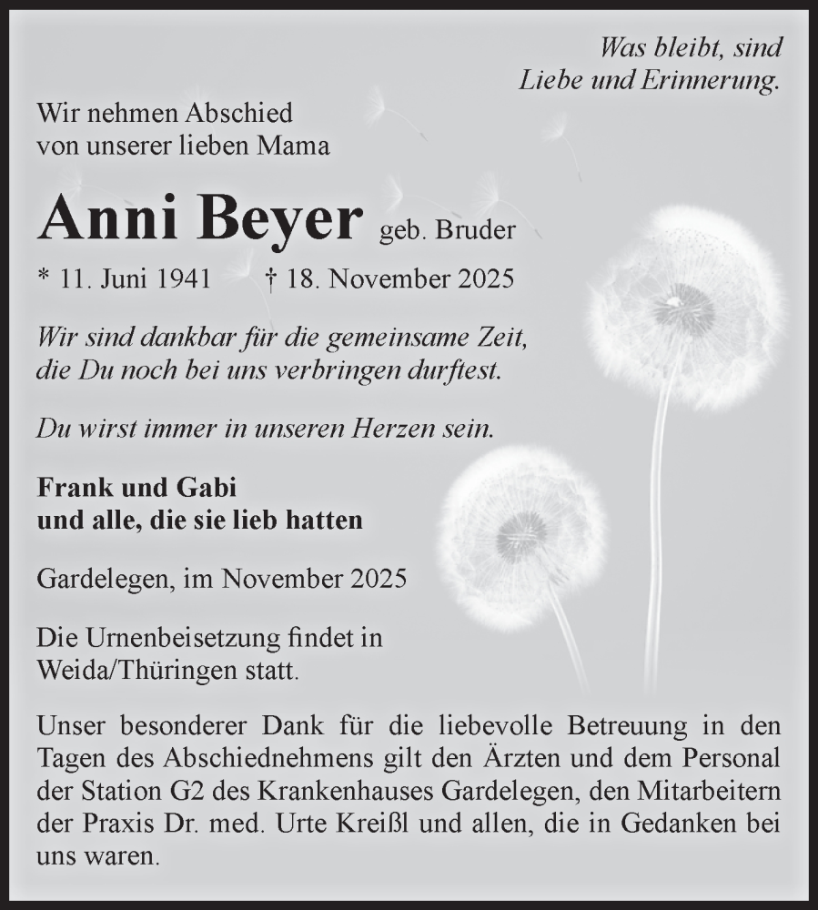  Traueranzeige für Anni Beyer vom 22.11.2025 aus Volksstimme Altmark West
