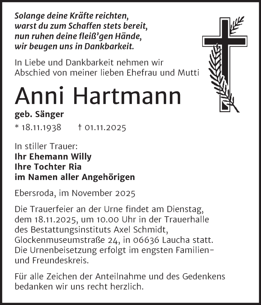  Traueranzeige für Anni Hartmann vom 08.11.2025 aus Super Sonntag Naumburg/Nebra