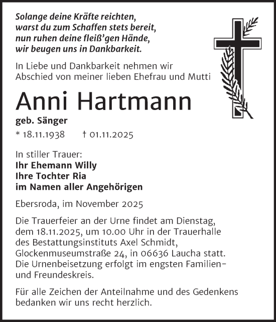 Traueranzeige von Anni Hartmann von Super Sonntag Naumburg/Nebra