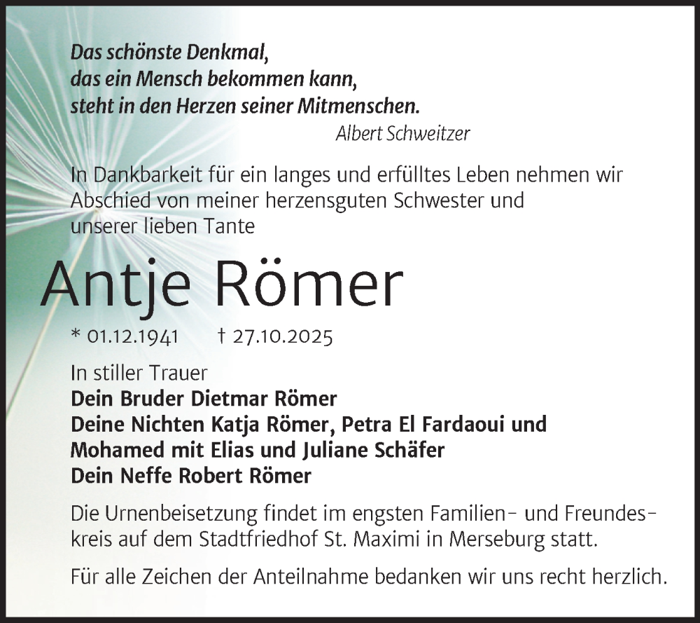  Traueranzeige für Antje Römer vom 08.11.2025 aus Trauerkombi Merseburg