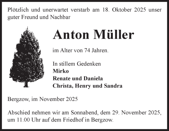 Traueranzeige von Anton Müller von Volksstimme Burg/Genthin