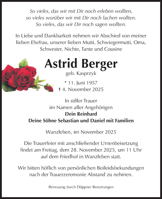 Traueranzeige von Astrid Berger von Volksstimme Oschersleben/Wanzleben