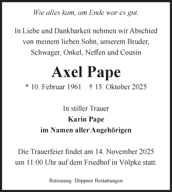 Traueranzeige von Axel Pape von Volksstimme Oschersleben/Wanzleben