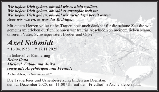 Traueranzeige von Axel Schmidt von Trauerkombi Aschersleben