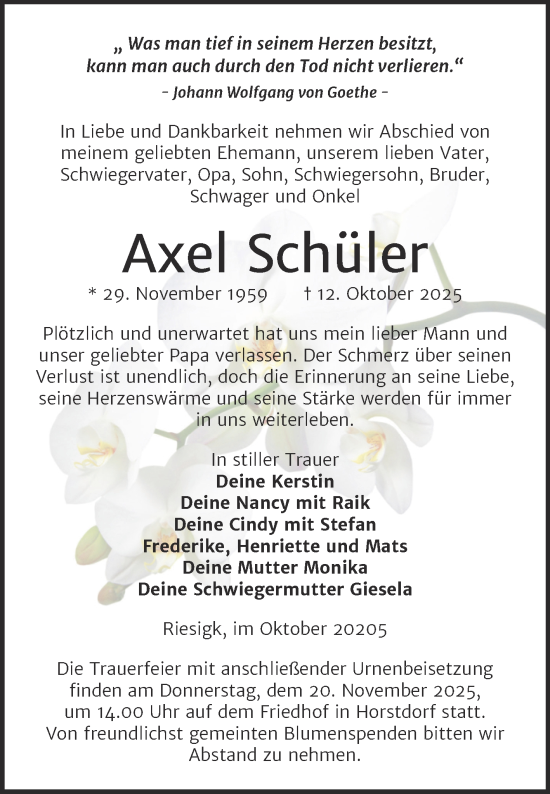 Traueranzeige von Axel Schüler von Trauerkombi Wittenberg