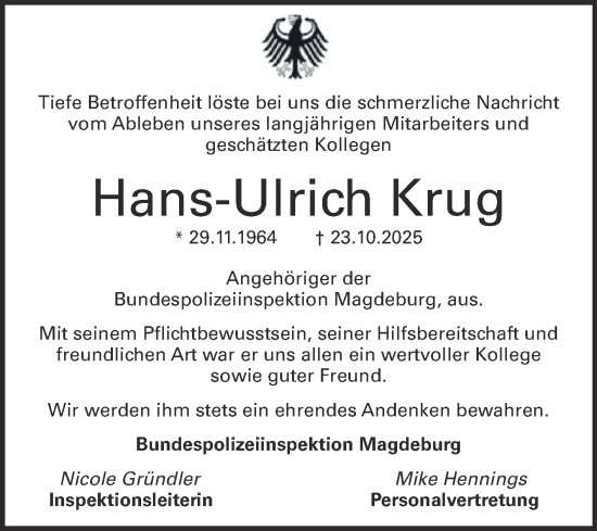 Traueranzeige von Hans-Ulrich Krug von Mitteldeutsche Zeitung Merseburg