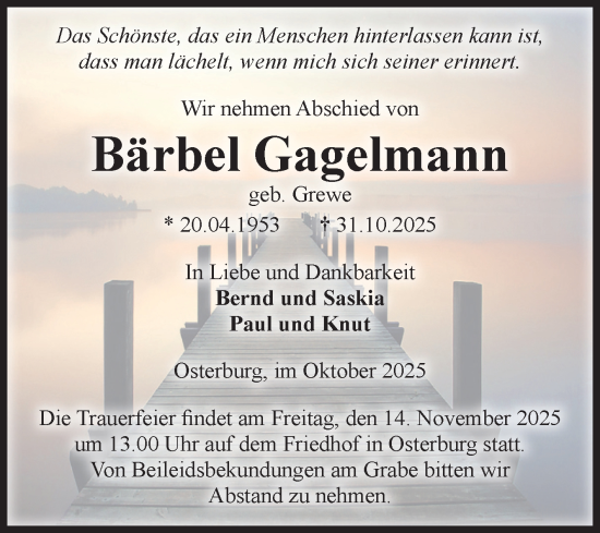 Traueranzeige von Bärbel Gagelmann von Volksstimme Altmark Ost