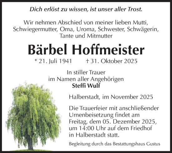 Traueranzeige von Bärbel Hoffmeister von Volksstimme Halberstadt