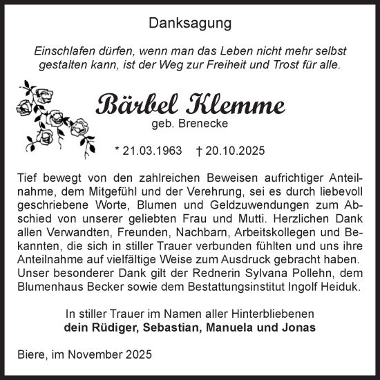Traueranzeige von Bärbel Klemme von Volksstimme Schönebeck