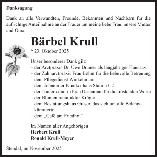 Traueranzeige von Bärbel Krull von Volksstimme Altmark Ost