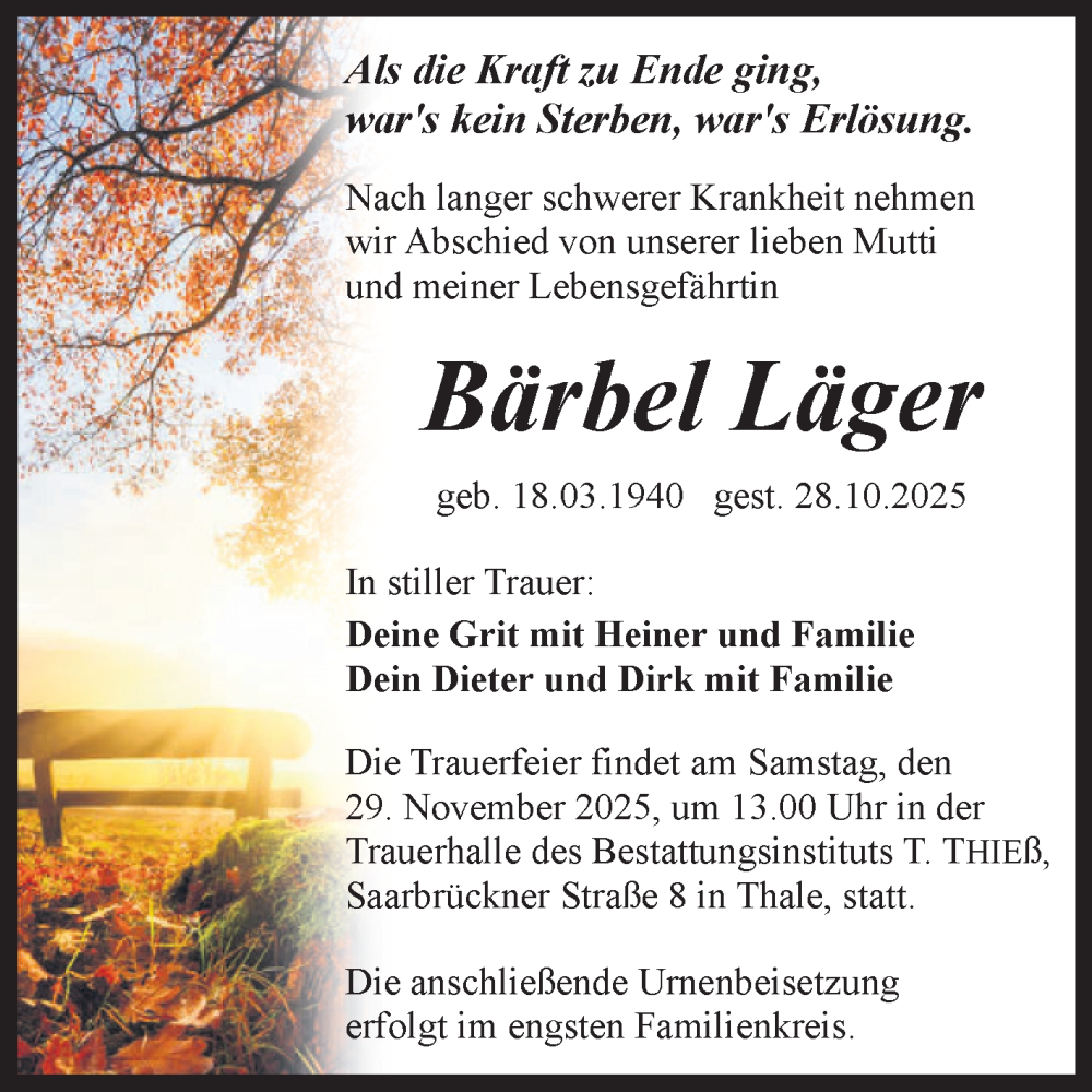  Traueranzeige für Bärbel Läger vom 08.11.2025 aus Mitteldeutsche Zeitung Quedlingburg