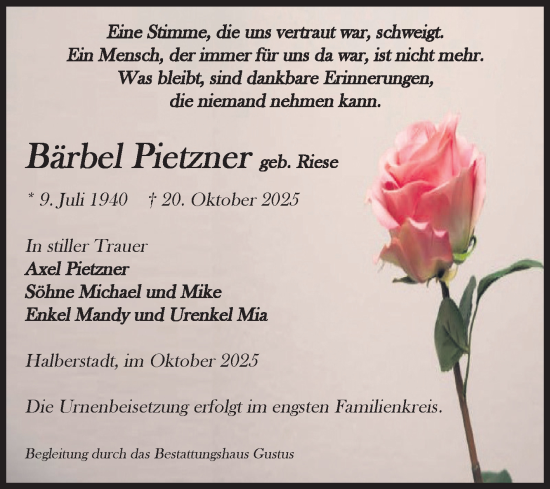 Traueranzeige von Bärbel Pietzner von Volksstimme Halberstadt