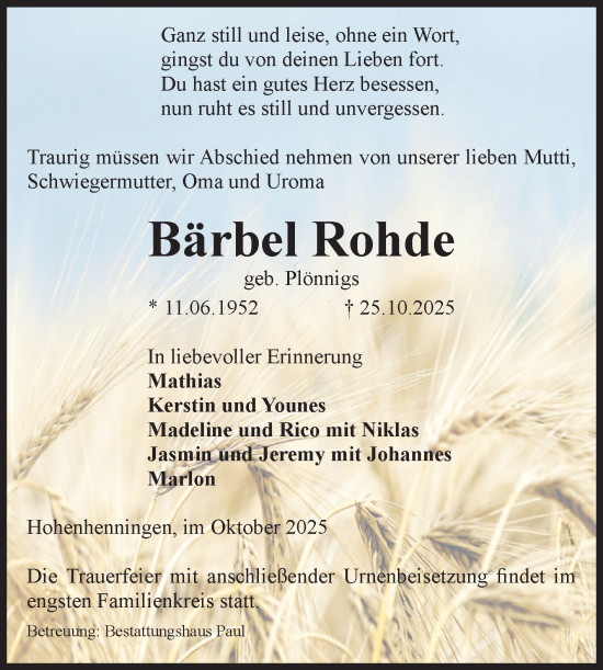 Traueranzeige von Bärbel Rohde von Volksstimme Altmark West