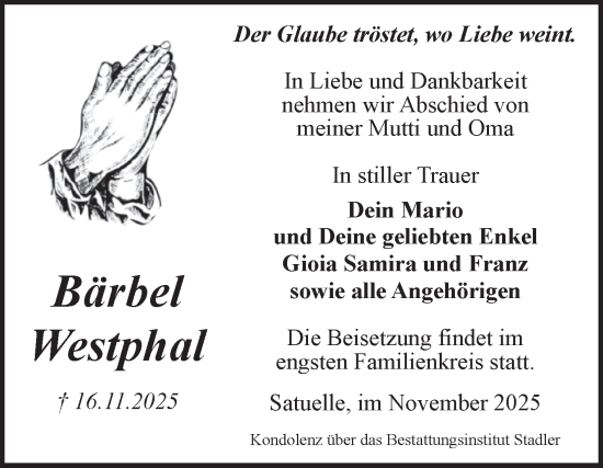 Traueranzeige von Bärbel Westphal von Volksstimme Haldensleben/Wolmirstedt