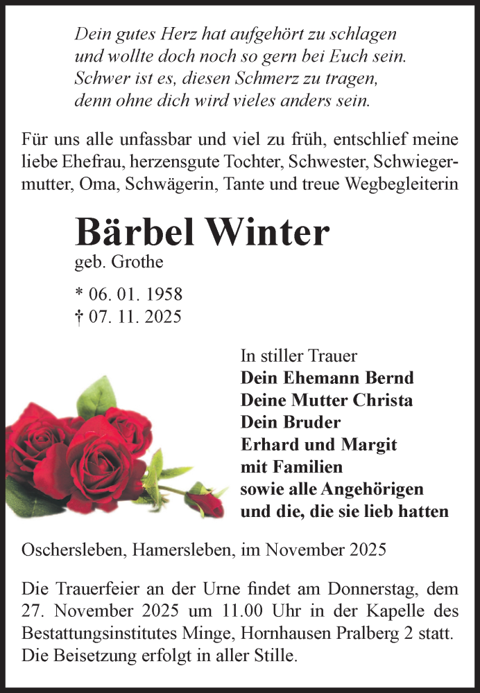  Traueranzeige für Bärbel Winter vom 15.11.2025 aus Volksstimme Oschersleben/Wanzleben