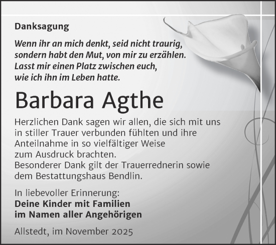 Traueranzeige von Barbara Agthe von Trauerkombi Sangerhausen