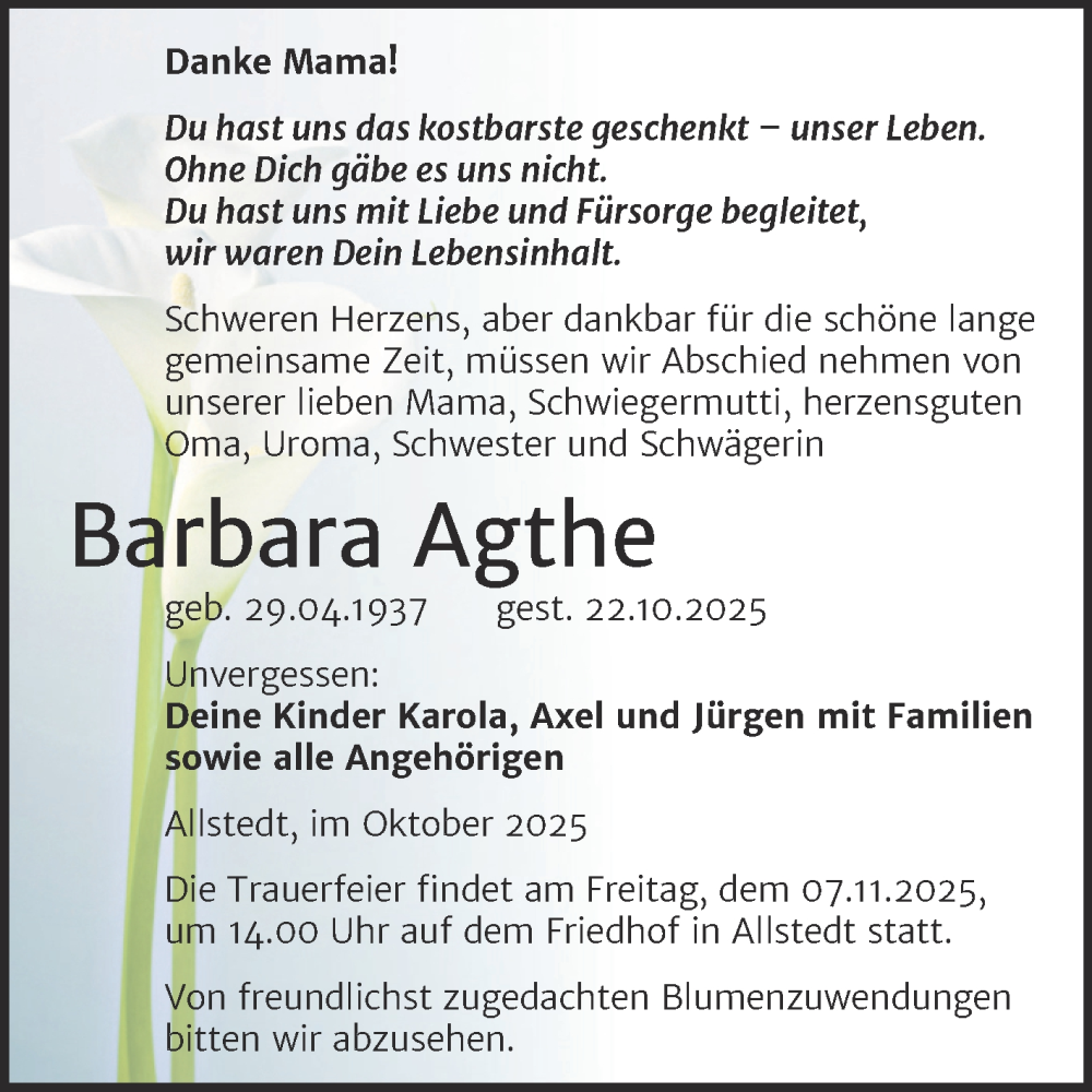  Traueranzeige für Barbara Agthe vom 01.11.2025 aus Trauerkombi Sangerhausen