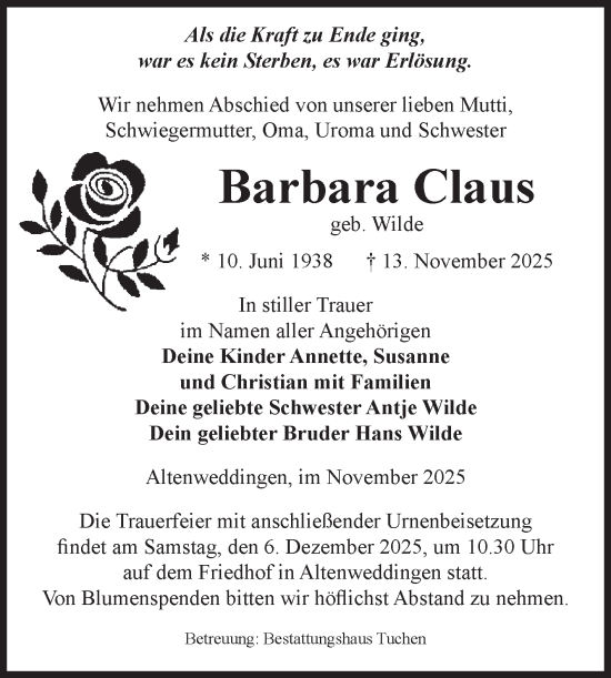 Traueranzeige von Barbara Claus von Volksstimme Oschersleben/Wanzleben