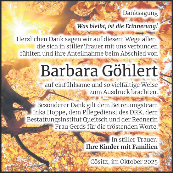Traueranzeige von Barbara Göhlert von Trauerkombi Köthen