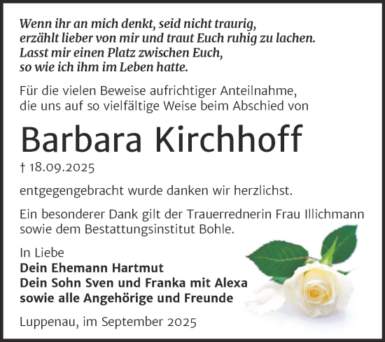 Traueranzeige von Barbara Kirchhoff von Trauerkombi Merseburg