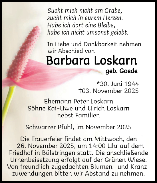 Traueranzeige von Barbara Loskarn von Volksstimme Haldensleben/Wolmirstedt