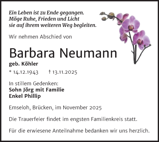 Traueranzeige von Barbara Neumann von Trauerkombi Sangerhausen
