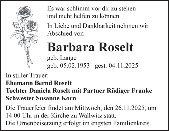 Traueranzeige von Barbara Roselt von Mitteldeutsche Zeitung Halle/Saalkreis