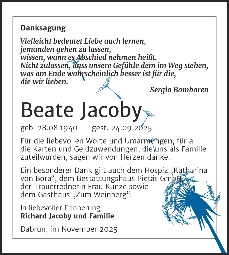  Traueranzeige für Beate Jacoby vom 08.11.2025 aus Trauerkombi Wittenberg
