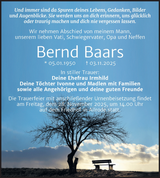 Traueranzeige von Bernd Baars von Trauerkombi Quedlinburg